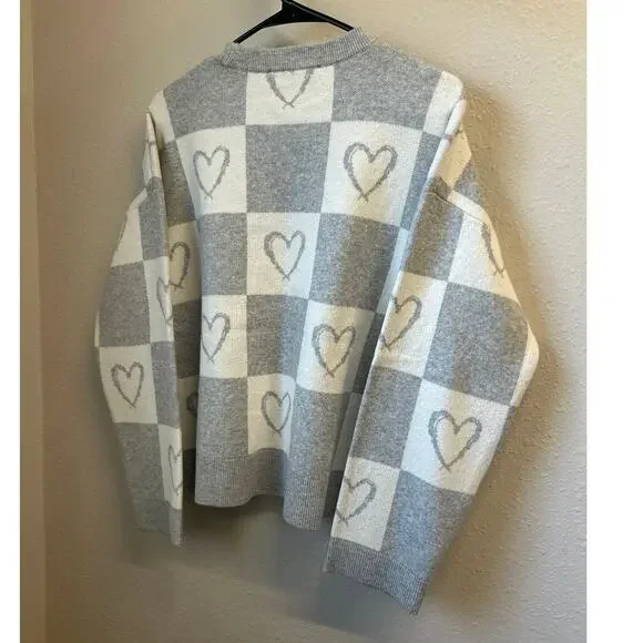 NWT LOFT Gray Heart Checkered Love thick soft Sweater Size Large MSRP $89.95 - Picture 8 of 8